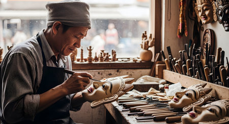 An Asian artisan, possibly Nepalese or Tibetan, sits at a workbench in his workshop, meticulously carving or painting a traditional wooden mask. His bench is covered with carving tools (chisels, gouges), and finished masks hang on the wall.の素材