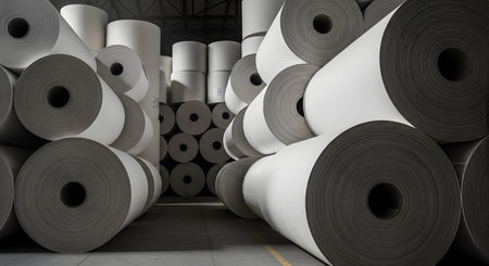 The interior of a paper mill or warehouse is tightly packed with massive rolls of white paper. The rolls are stacked high, creating a powerful industrial pattern of circles and cylinders, representing manufacturing and bulk supply.の素材