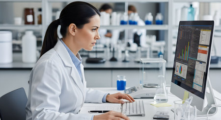 A focused female scientist in a white lab coat works at a computer in a modern laboratory. She is analyzing complex data, charts, and graphs on the screen, with lab equipment and glassware blurred in the background.の素材