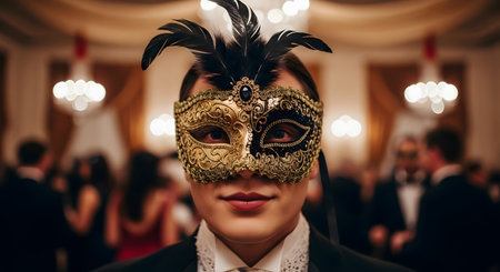 A close-up portrait of a person wearing an elegant gold and black masquerade mask with feathers at a formal ball. The background is a softly blurred ballroom with chandeliers, creating an atmosphere of mystery, luxury, and celebration.の素材