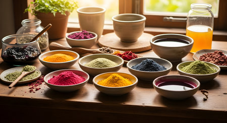 A variety of colorful, natural powders, such as turmeric, matcha, beet, and spirulina, are displayed in small ceramic bowls on a rustic wooden table. The scene is set by a window with soft light, suggesting herbal remedies or superfoods.の素材
