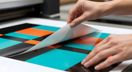 A person's hands are carefully peeling back a protective transfer film from a freshly printed vinyl decal with a colorful geometric design. The process takes place in a print shop or design studio, with a plotter or printer in the background.の素材
