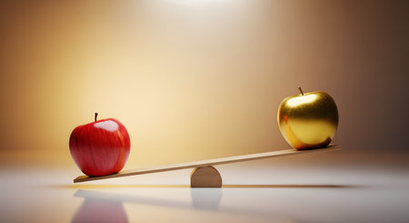 A conceptual image depicting a simple wooden seesaw balancing a shiny red apple on one side and a heavier golden apple on the other. The golden apple weighs down its side, illustrating concepts of value, comparison, inequality, or choosing quality. The background is a warm, glowing gradient.の素材