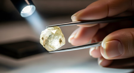 A close-up of a gemologist's hands holding a large, raw, uncut diamond with a pair of tweezers. The precious stone is being inspected and graded for quality under a bright light in a laboratory or workshop.の素材