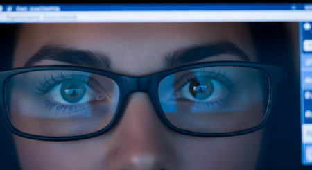 An extreme close-up of a woman's eyes looking at a computer screen in a dark room. The screen's data and light are reflected in her glasses, highlighting concepts of focus, concentration, programming, and late-night work.の素材