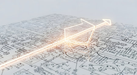 A glowing orange arrow moves diagonally upwards across a complex background of handwritten mathematical equations, scientific formulas, and diagrams. The image symbolizes growth, success, finding a solution, or a breakthrough in a complex problem.の素材
