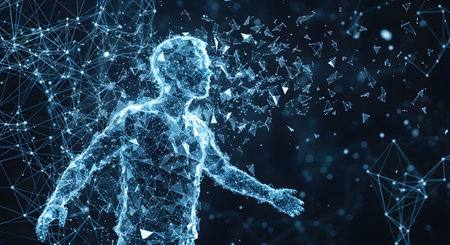 An abstract representation of a human figure composed of a glowing blue plexus network and disintegrating polygons on a dark background. This futuristic image symbolizes artificial intelligence, digital identity, data, virtual reality, and the metaverse.の素材