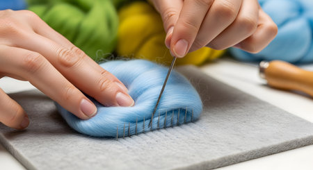 A close-up of a person's hands engaged in the craft of needle felting. They are using a special multi-needle tool to shape a piece of soft, light blue wool roving on a foam mat, with colorful wool in the background.の素材