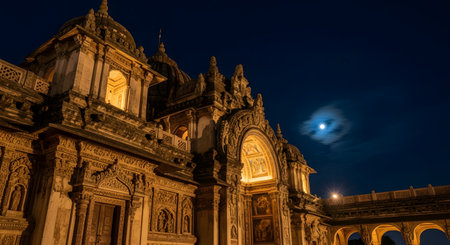 A low-angle, night-time shot of the intricately carved stone facade of an ancient Indian temple, possibly Hindu or Jain. The building is warmly illuminated, contrasting against the dark blue sky with a bright moon.の素材