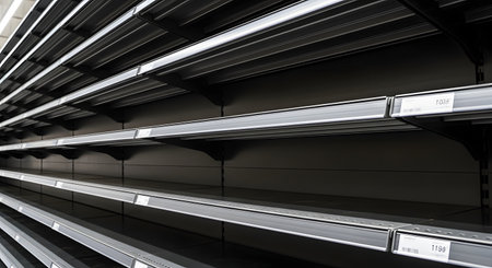 A perspective shot looking down a long aisle of completely empty shelves in a supermarket or store. The lack of products represents concepts like supply chain issues, economic crisis, panic buying, or shortages.の素材