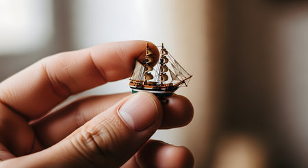 A close-up of a hand holding a tiny, incredibly detailed model of a historic sailing ship between thumb and forefinger. The image emphasizes concepts of craftsmanship, patience, precision, and hobbies.の素材
