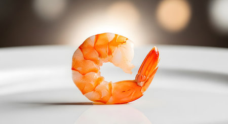 A single, perfectly cooked shrimp is placed on a clean white plate. The shrimp is pink and white with its tail on, set against a softly blurred background with bokeh lights. This image represents fresh seafood, gourmet food, and simple elegance.の素材