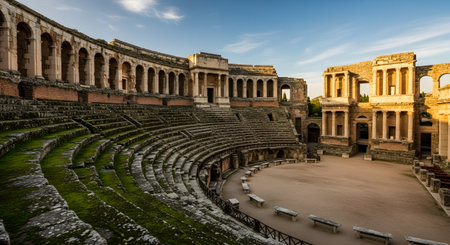 A wide-angle view of the ancient Roman Theatre of Merida in Spain during the golden hour. The well-preserved stone seating, covered in patches of green moss, curves around the central stage area. The elaborate two-tiered stage building (scaenae frons) is lit by the warm setting sun.の素材