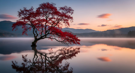 A stunning, serene landscape photo of a lone tree with vibrant red autumn leaves growing in the middle of a calm, misty lake. The tree and its reflection are perfectly mirrored in the water, set against a soft, glowing sunrise or sunset sky and distant mountains.の素材