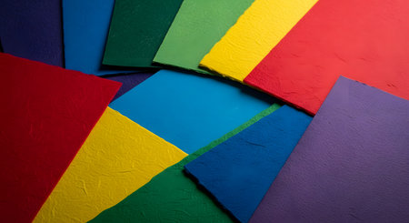 A vibrant assortment of colorful textured paper sheets, including red, yellow, blue, green, and purple, are layered on top of each other. This abstract background represents creativity, arts and crafts, school supplies, or design materials.の素材