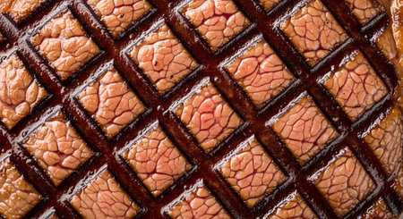 An extreme macro, top-down view of a perfectly seared steak, possibly duck breast or beef. The surface has been scored in a diamond, cross-hatch pattern, with a dark, caramelized crust and the pink, tender meat visible underneath. The texture is juicy and detailed.の素材