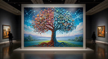A massive, surreal painting of a 'Tree of Life' is the centerpiece of a modern art gallery exhibit. The tree is split into two sides, one with warm-colored gears and the other with cool-toned mechanisms, set against a celestial sky with constellations, blending nature with technology.の素材