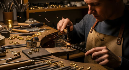 A skilled goldsmith or jeweler, wearing a leather apron, is intently focused on crafting a gold ring at his workbench. He uses a small hammer, creating sparks as he works the metal, surrounded by various traditional tools.の素材