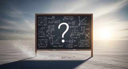 A chalkboard covered in complex mathematical formulas, scientific diagrams, and a large question mark stands alone in a vast, surreal desert landscape. The image symbolizes big questions, the search for knowledge, unsolved problems, and the intersection of science and mystery.の素材