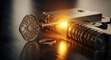 An ornate, vintage brass key is shown unlocking a complex lock mechanism. A magical golden light glows brightly from the keyhole, with sparkles emanating. This image symbolizes solutions, opportunity, secrets, and unlocking potential.の素材