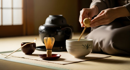 A close-up of a person in a kimono performing a traditional Japanese tea ceremony. Their hands are using a bamboo ladle (hishaku) to pour water into a ceramic tea bowl (chawan). A bamboo whisk (chasen) and tea kettle (kama) are also visible.の素材