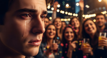 A poignant close-up of a young man with a tear rolling down his face, his expression filled with sadness. In the blurred background, a joyful crowd of people celebrates at a party, creating a stark contrast and illustrating feelings of loneliness, social anxiety, and isolation.の素材