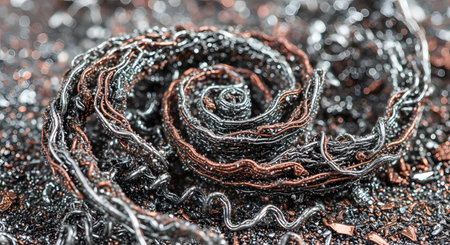 A macro, abstract image of tangled metal shavings, primarily steel and copper, forming a spiral shape. The sharp, industrial waste creates a detailed, metallic texture. This represents metalworking, industry, recycling, or swarf.の素材