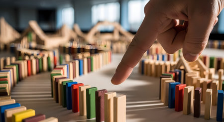 A person's finger is poised to topple the first in a long, curving line of colorful dominoes, about to set off a chain reaction. This action-oriented image symbolizes cause and effect, consequences, strategy, and the start of a major event.の素材