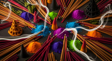 A vibrant flat lay of various aromatic items, including colorful incense sticks, cones, and piles of bright pigment powder (blue, green, purple, orange). Wisps of smoke are visible, creating a spiritual or relaxing atmosphere. This image represents aromatherapy, meditation, and spirituality.の素材