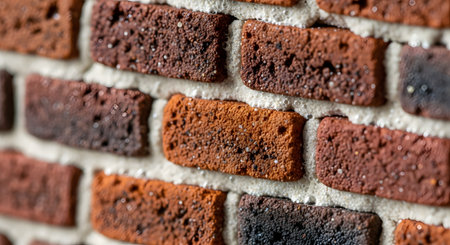 A close-up, angled macro shot of a brick wall, showing the rough texture of the red and brown bricks. Fresh, wet mortar is visible between the joints, with small specks on the brick surface. This image serves as a construction or texture background.の素材