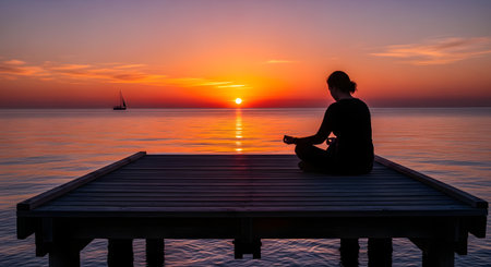 A silhouette of a person sitting in a yoga lotus pose and meditating on the end of a wooden dock. They are facing a beautiful, vibrant orange sunset over a calm sea, with a lone sailboat in the distance, evoking peace and mindfulness.の素材