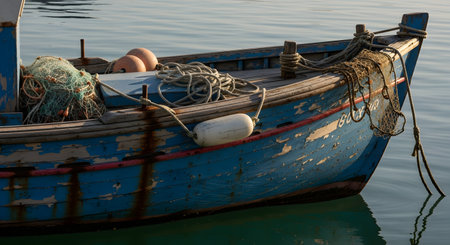 A close-up of the bow of an old, weathered blue wooden fishing boat floating on calm, clear water. The boat shows peeling paint and is equipped with fishing nets and buoys, evoking a sense of traditional maritime life and tranquility.の素材