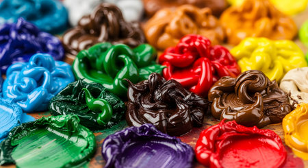 A close-up, macro shot of numerous dollops of thick, vibrant oil or acrylic paint. The colors include red, blue, green, yellow, purple, and brown, all squeezed out in swirls on a surface, showing rich texture and gloss.の素材