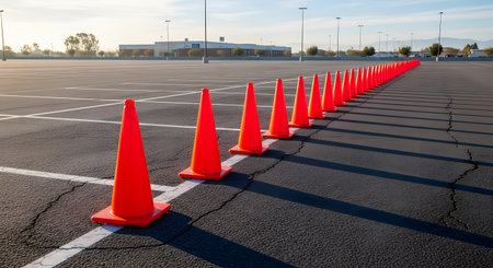 A long, perfectly straight line of bright orange safety cones recedes into the distance in an empty asphalt parking lot at sunrise or sunset. The repeating pattern and long shadows create a sense of order and preparation, often used for driving tests or events.の素材