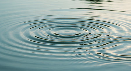 Concentric circles ripple outwards on the calm, serene surface of the water, creating a peaceful and mesmerizing pattern. The image represents concepts such as cause and effect, tranquility, mindfulness, and zen.の素材