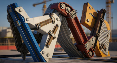 An abstract sculpture made from heavy industrial materials like concrete, painted steel beams, and rusted metal plates held together with large bolts. The artwork stands in front of a blurred construction site background, blending art with industry and urban development.の素材