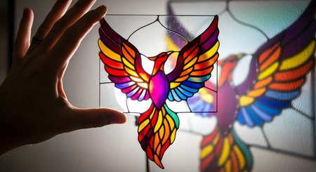 A hand holds up a vibrant stained glass artwork of a phoenix, with light shining through its multi-colored wings. The intricate piece casts a colorful reflection, symbolizing creativity, rebirth, and beauty.の素材