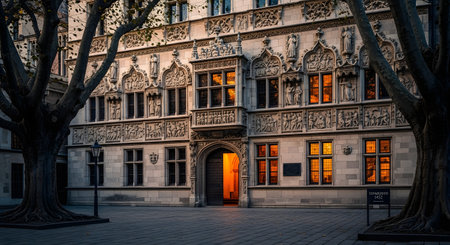 The ornate, Gothic-style facade of a historic European building at dusk. The stone building features intricate carvings, statues, and arched windows with warm light glowing from within. Large, old trees frame the cobblestone courtyard in front.の素材