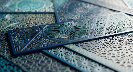A macro shot of several pieces of intricately laser-cut metal or paper, featuring complex geometric and floral patterns. The pieces are in shades of blue, teal, and green and are layered on top of each other, showing precise detail.の素材