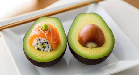 A creative and healthy food concept showing an avocado cut in half on a white plate with chopsticks. One half contains the pit, while the other half's pit-hole is filled with a salmon sushi roll, complete with rice, nori, wasabi, and sesame seeds.の素材