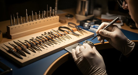 A watchmaker wearing white gloves works diligently at a well-lit workbench, using a fine-tipped tool to repair the intricate mechanism of a wristwatch. A variety of specialized precision tools are neatly arranged nearby.の素材