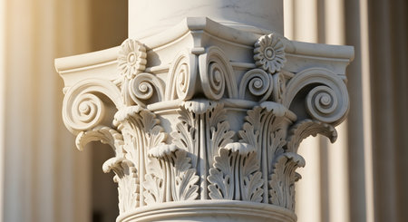 A detailed close-up of the capital of a classical column, carved from white marble in the Corinthian order. The intricate design features acanthus leaves and volutes, symbolizing classical architecture, history, law, and education.の素材