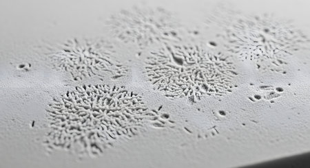 A minimalist macro photograph of a white surface featuring intricate, raised patterns resembling frost crystals or lichen growth. The delicate, branching structures create an abstract and textured background with a clean, monochrome aesthetic.の素材