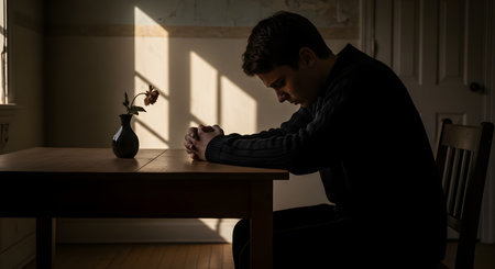 A young man sits alone at a wooden table in a dimly lit room, his head bowed in sadness, grief, or prayer. A single wilting flower in a vase sits on the table, and a sliver of light from a window illuminates the scene, creating a somber and contemplative mood.の素材