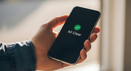 A person's hand holds a smartphone displaying an 'All Clear' message with a green checkmark. The screen is in focus, with a softly blurred background. This image symbolizes safety, security, a passed test, or a successful system check.の素材