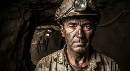 A powerful and gritty portrait of a mature coal miner with a soot-covered face, looking directly at the camera with a weary expression. He wears a hard hat with a lamp in a dark, underground mine tunnel, symbolizing hard labor and perseverance.の素材