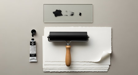 A top-down flat lay of printmaking or lino-cutting tools on a neutral background. A black rubber brayer, a tube of black ink, and a stack of textured white paper are neatly arranged. A glass slab shows test swatches of the ink.の素材