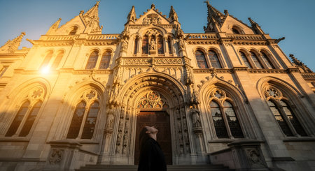 A low-angle shot of a woman in a dark coat standing on steps, looking up in awe at the massive, ornate facade of a Gothic-style cathedral. The setting sun casts a warm, flaring light on the intricate stone architecture.の素材