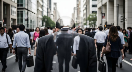 A conceptual double exposure image showing the back of a businessman in a suit. His form is semi-transparent, revealing a busy city street with a crowd of people walking, symbolizing anonymity, conformity, or being lost in the corporate world.の素材