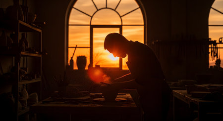 A silhouette of a potter, a craftsman, working on a pottery wheel in a dark workshop. The setting sun streams through a large arched window, creating a warm, dramatic lens flare and highlighting the dust particles in the air. This image represents artistry, traditional craft, and passion.の素材